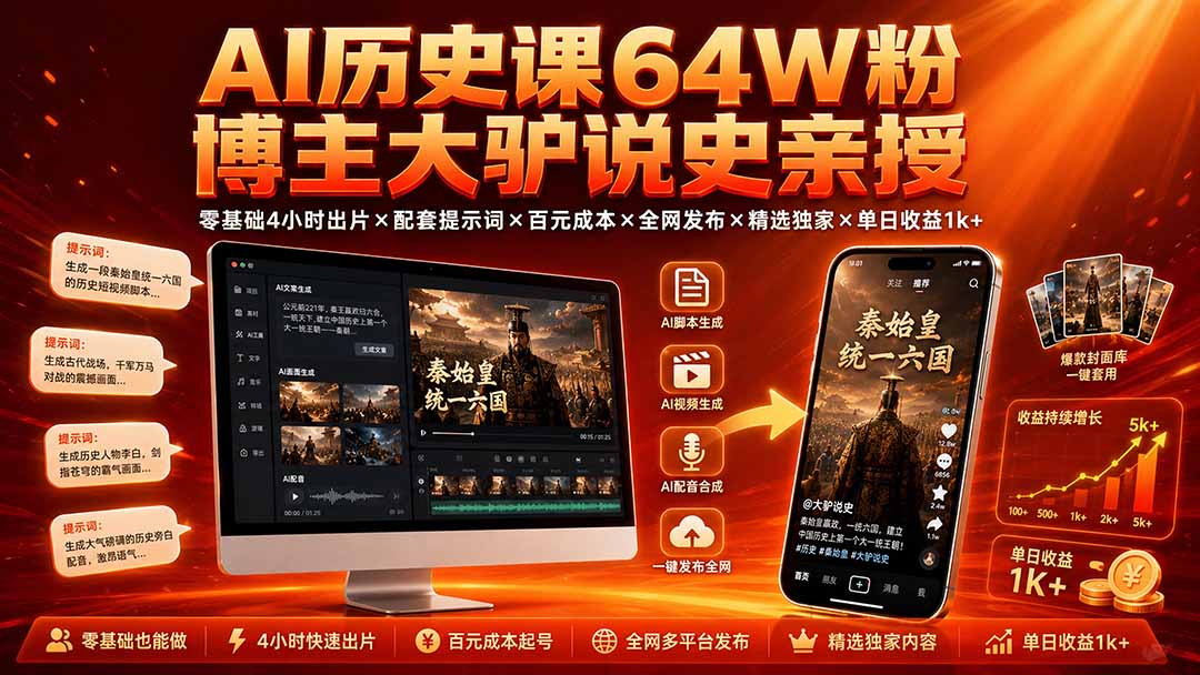 AI历史课64W粉博主大驴说史亲授：零基础4小时出片×配套提示词×百元成本×全网发布×精选独家×单日收益1k+-副业终点站