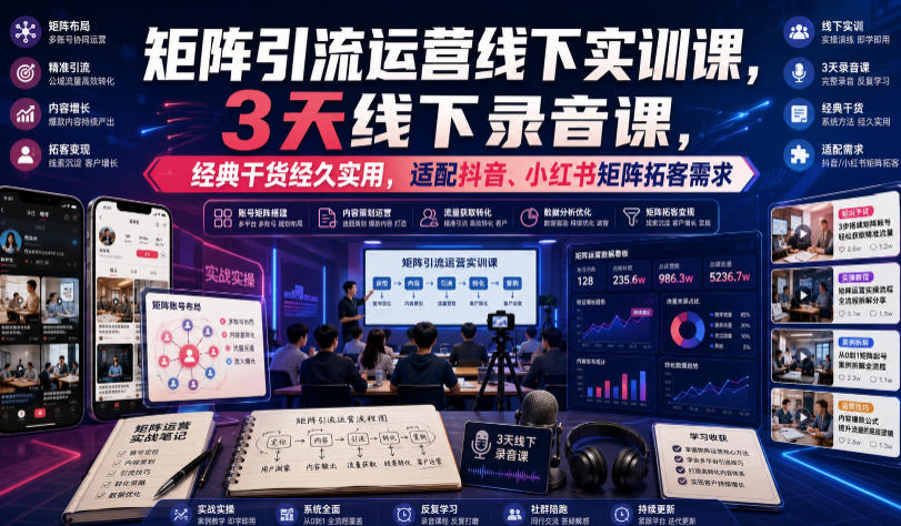 嗨推矩阵引流运营线下实训课,3天线下录音课,经典干货经久实用,适配抖音、小红书矩阵拓客需求-副业终点站