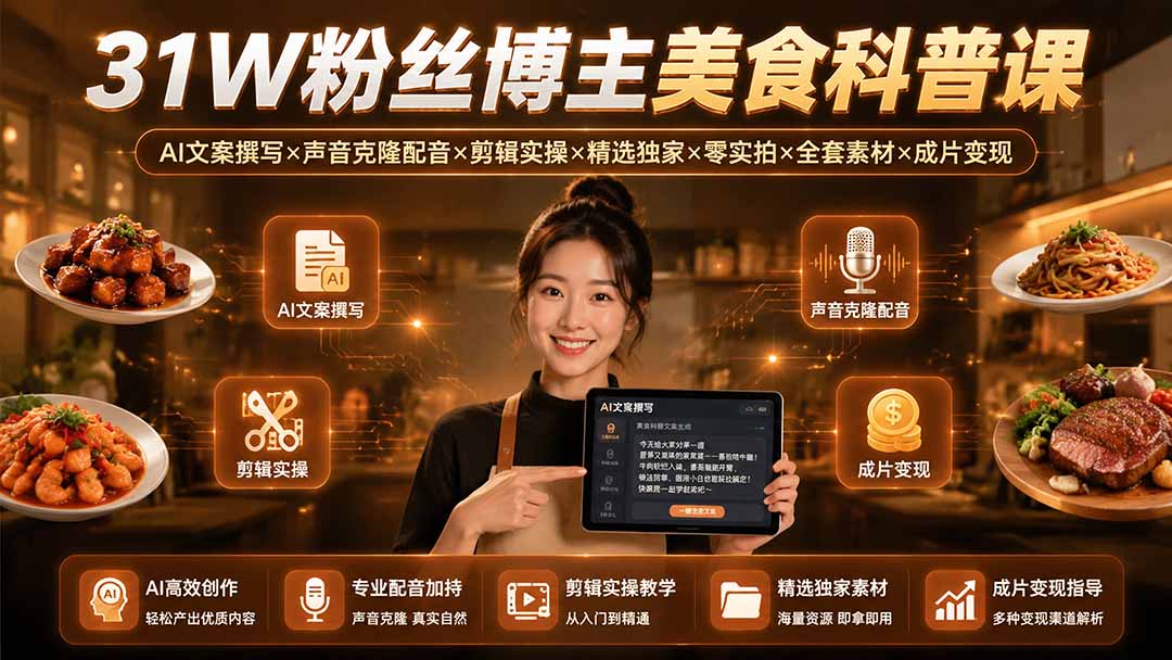 31W粉丝博主美食科普课:AI文案撰写×声音克隆配音×剪辑实操×精选独家×零实拍×全套素材×成片变现-副业终点站