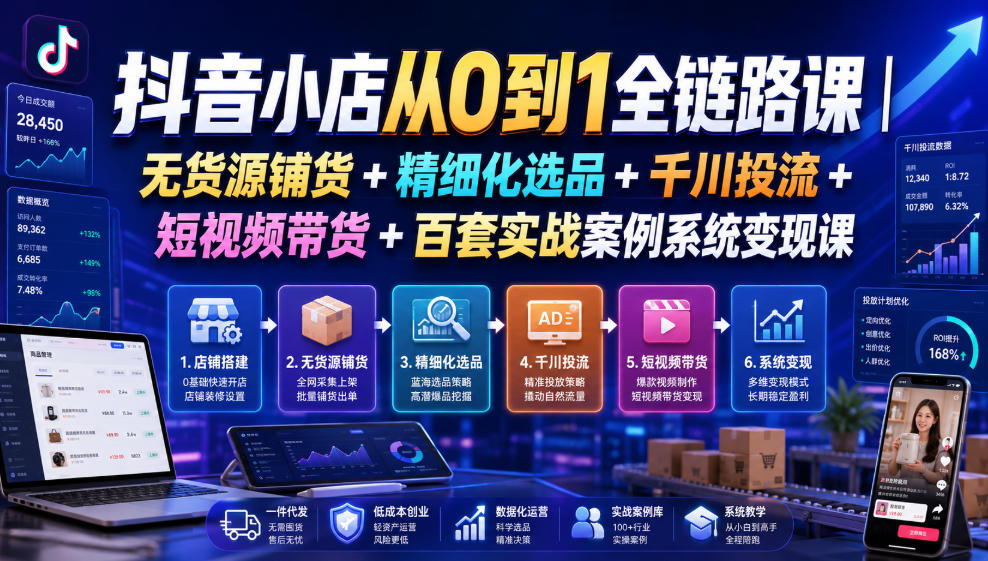 抖音小店从0到1全链路课|无货源铺货+精细化选品+千川投流+短视频带货+百套实战案例系统变现课(2026年7月更新)-副业终点站