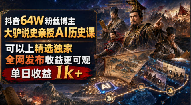 抖音64W粉丝博主大驴说史亲授AI历史课,可以上精选独家,全网发布收益更可观,单日收益1k+-副业终点站
