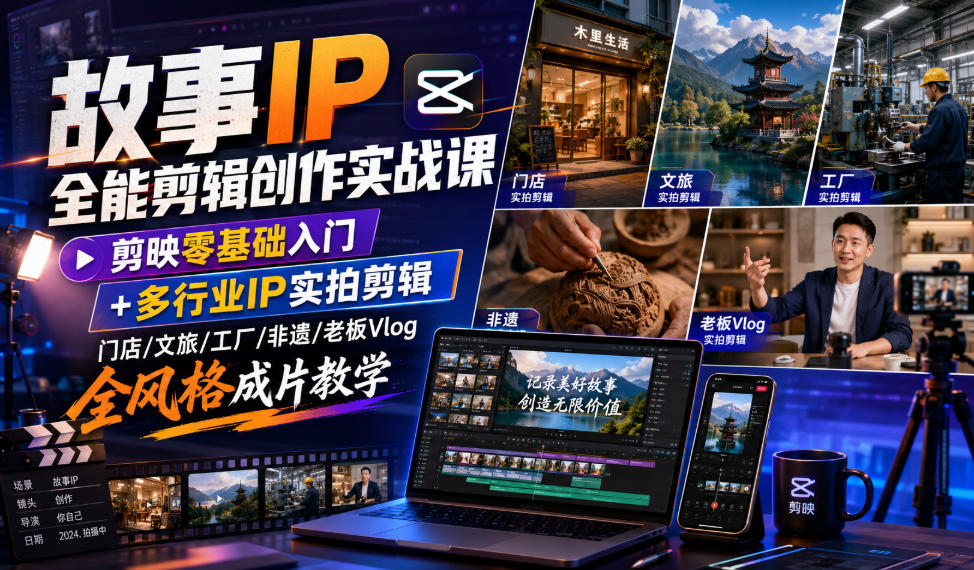 故事IP全能剪辑创作实战课｜剪映零基础入门+多行业IP实拍剪辑，门店/文旅/工厂/非遗/老板Vlog全风格成片教学-副业终点站