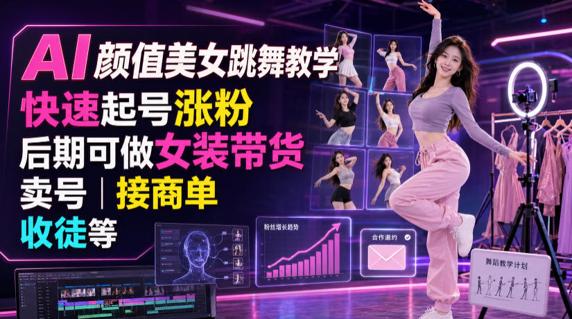 AI颜值美女跳舞教学,快速起号涨粉,后期可做女装带货,卖号,接商单,收徒等-副业终点站