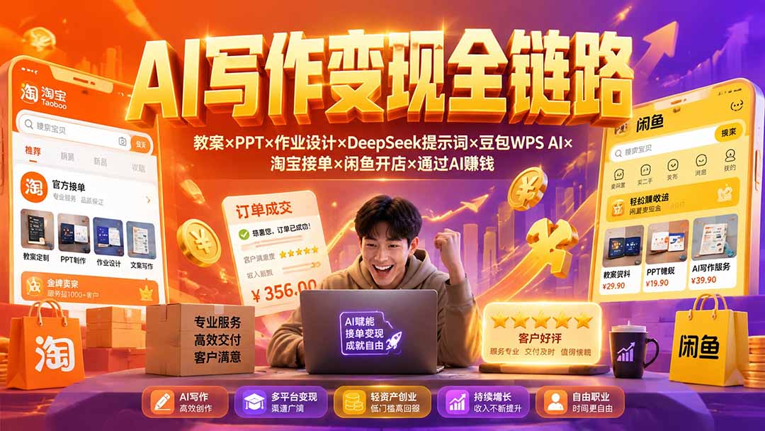 2026AI写作变现全链路:教案×PPT×作业设计×DeepSeek提示词×豆包WPS AI×淘宝接单×闲鱼开店×通过AI賺钱-副业终点站