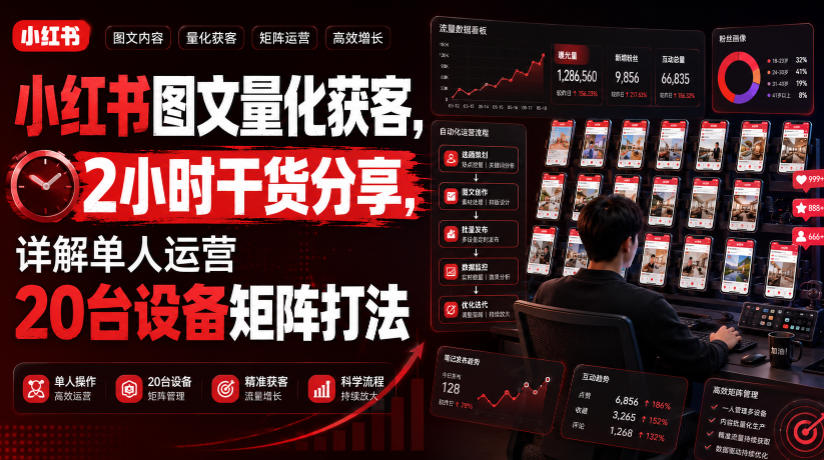 小红书图文量化获客,2小时干货分享,详解单人运营20台设备矩阵打法-副业终点站