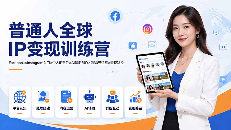 普通人全球IP变现训练营:Facebook×Instagram入门×个人IP定位×AI辅助创作×前30天运营×变现路径-副业终点站