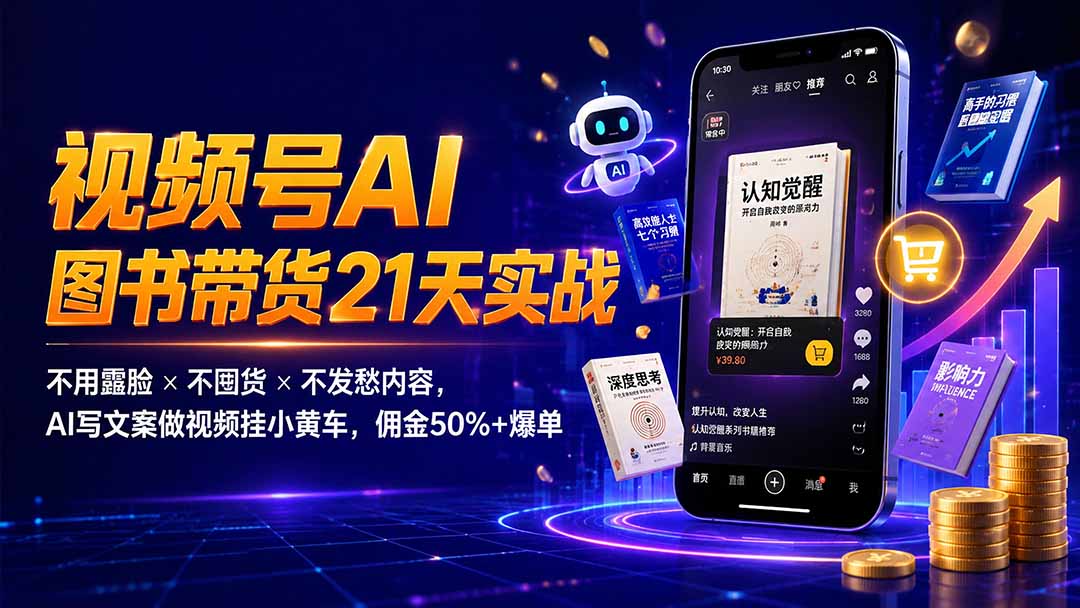 繁花视频号AI图书带货21天实战：不用露脸×不囤货×不发愁内容，AI写文案做视频挂小黄车，佣金50%+爆单-副业终点站