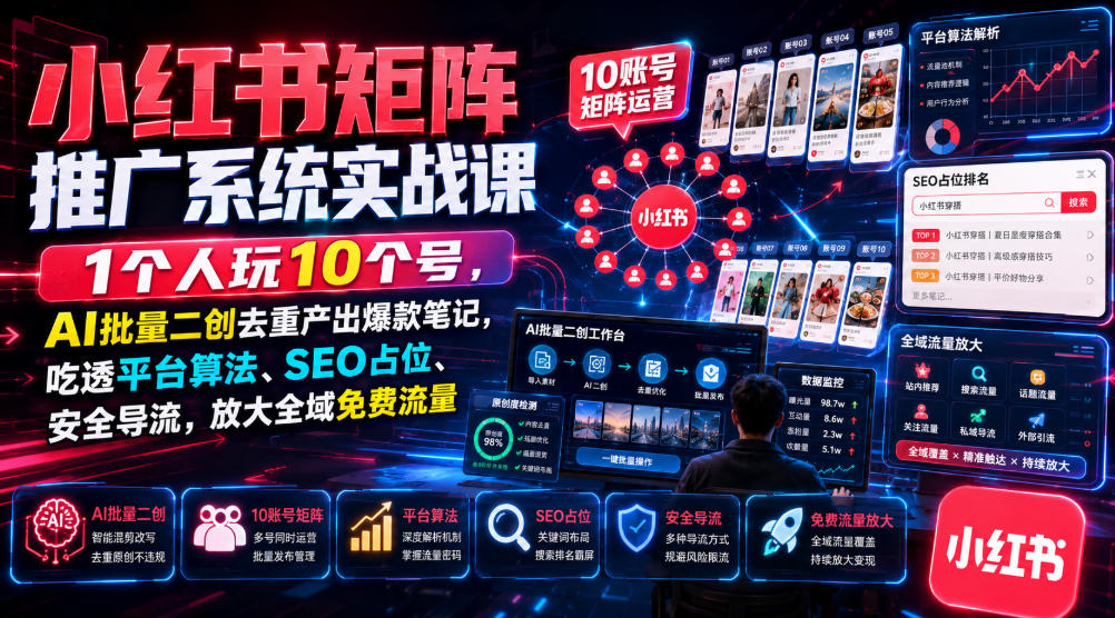 小红书矩阵推广系统实战课|1个人玩10个号,AI批量二创去重产出爆款笔记,吃透平台算法、SEO占位、安全导流,放大全域免费流量-副业终点站