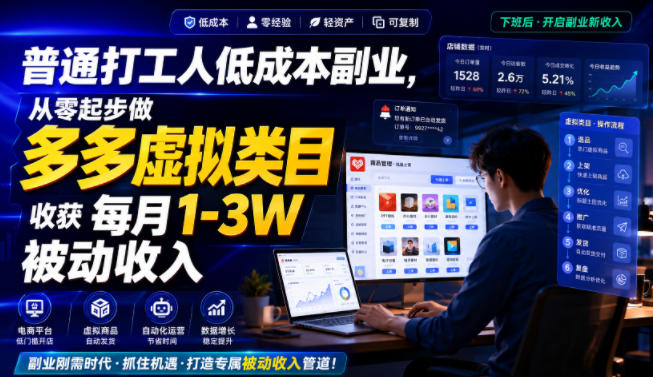 普通打工人低成本副业，从零起步做多多虚拟类目，收获每月1-3W被动收入【揭秘】-副业终点站