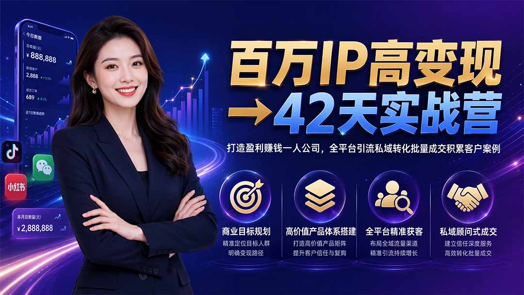 百万IP高变现→42天实战营｜打造盈利赚钱一人公司，全平台引流私域转化批量成交积累客户案例-副业终点站