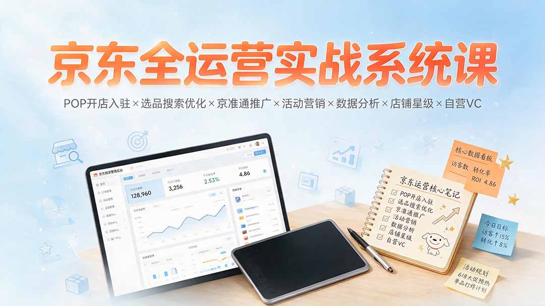 京东全运营实战系统课：POP开店入驻×选品搜索优化×京准通推广×活动营销×数据分析×店铺星级×自营VC-副业终点站