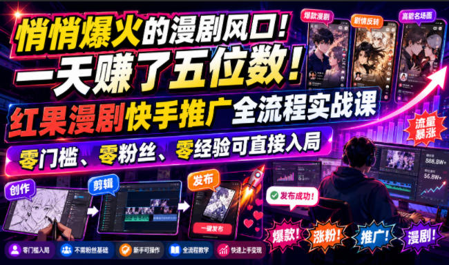 悄悄爆火的漫剧风口！一天賺了五位数！红果漫剧快手推广全流程实战课，零门槛、零粉丝、零经验可直接入局-副业终点站