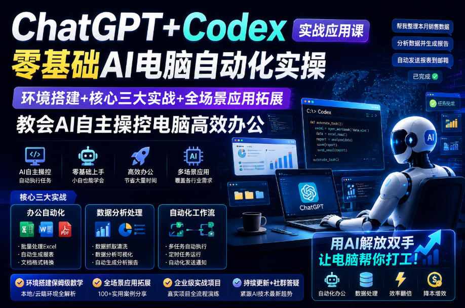 ChatGPT+Codex实战应用课｜零基础AI电脑自动化实操，环境搭建+核心三大实战+全场景应用拓展，教会AI自主操控电脑高效办公-副业终点站