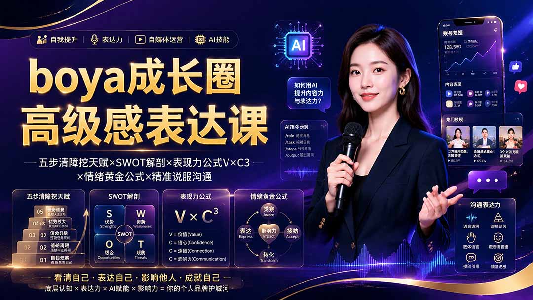 boya成长圈｜内心成长高级表达AI自媒体三合一，消解内耗挖掘天赋，镜头沟通AI指令短视频全流程教学-副业终点站