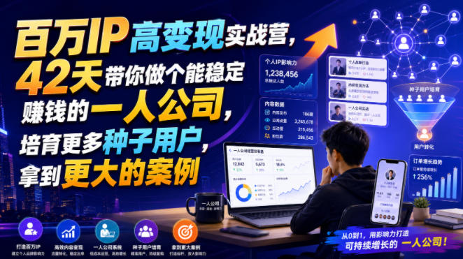 百万IP高变现实战营，42天带你做个能稳定賺钱的一人公司，培育更多种子用户，拿到更大的案例-副业终点站