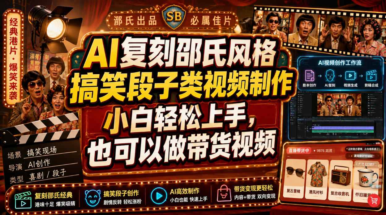 AI复刻邵氏风格搞笑段子类视频制作，小白轻松上手，也可以做带货视频-副业终点站