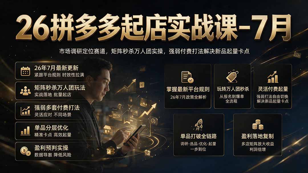 26拼多多起店实战课-7月｜市场调研定位赛道，矩阵秒杀万人团实操，强弱付费打法解决新品起量卡点-副业终点站