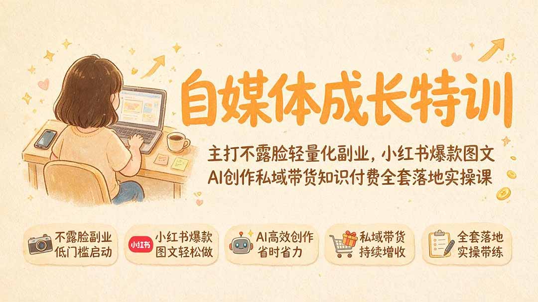 自媒体成长特训｜主打不露脸轻量化副业，小红书爆款图文AI创作私域带货知识付费全套落地实操课-副业终点站
