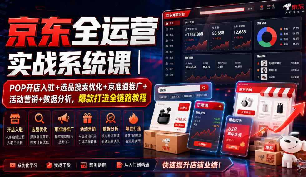 京东全运营实战系统课｜POP开店入驻+选品搜索优化+京准通推广+活动营销+数据分析，爆款打造全链路教程-副业终点站