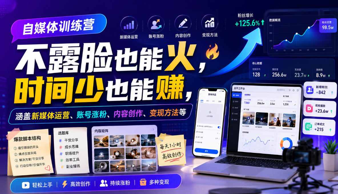 自媒体训练营，不露脸也能火，时间少也能賺，涵盖新媒体运营、账号涨粉、内容创作、变现方法等-副业终点站