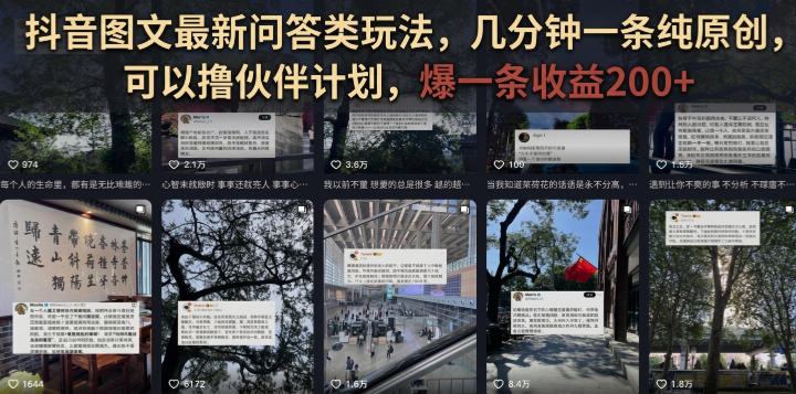 抖音图文最新问答类玩法,几分钟一条纯原创,可以撸伙伴计划,爆一条收益200+-副业终点站