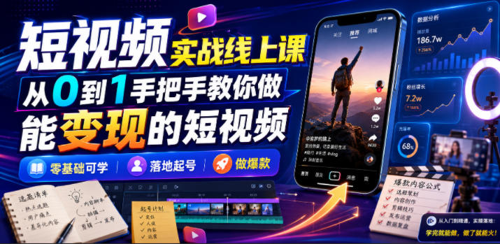 短视频实战线上课，从0到1手把手教你做能变现的短视频，零基础可学，落地起号做爆款-副业终点站