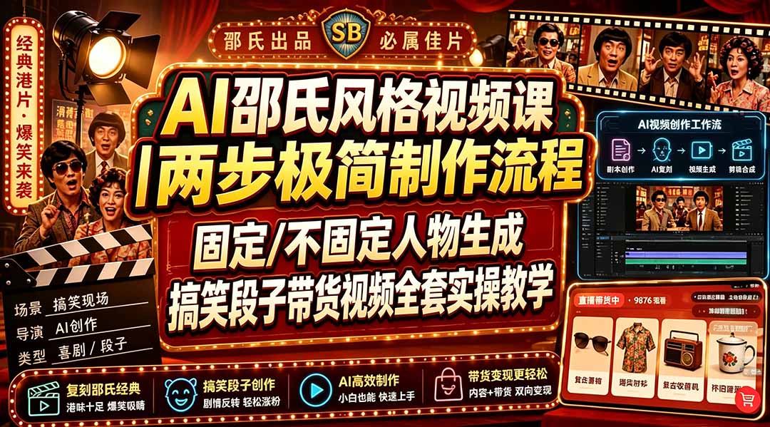 AI邵氏风格视频课｜两步极简制作流程，固定/不固定人物生成，搞笑段子带货视频全套实操教学-副业终点站