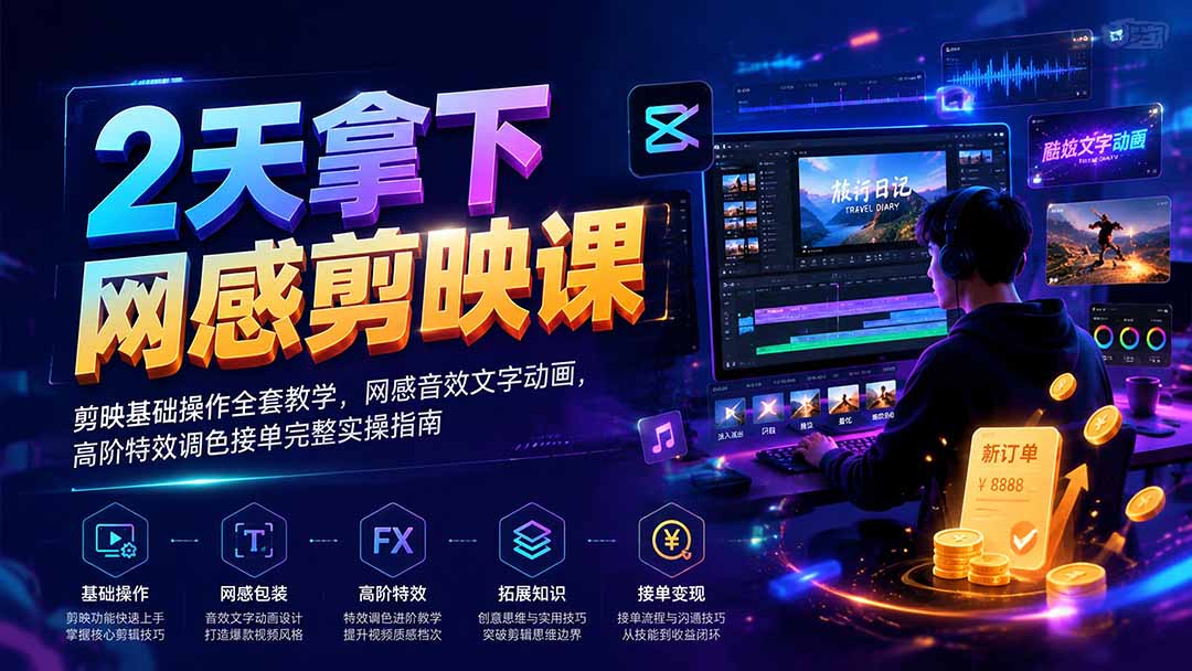 2天拿下网感剪辑课｜剪映基础操作全套教学，网感音效文字动画，高阶特效调色接单完整实操指南-副业终点站