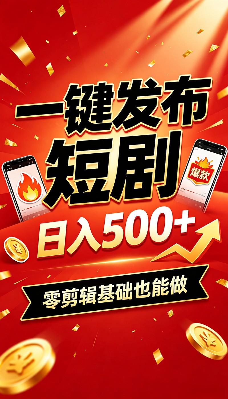 快手短剧一键发布，不用剪辑操作简单，副业日入500+。空闲时间轻松赚收益-副业终点站