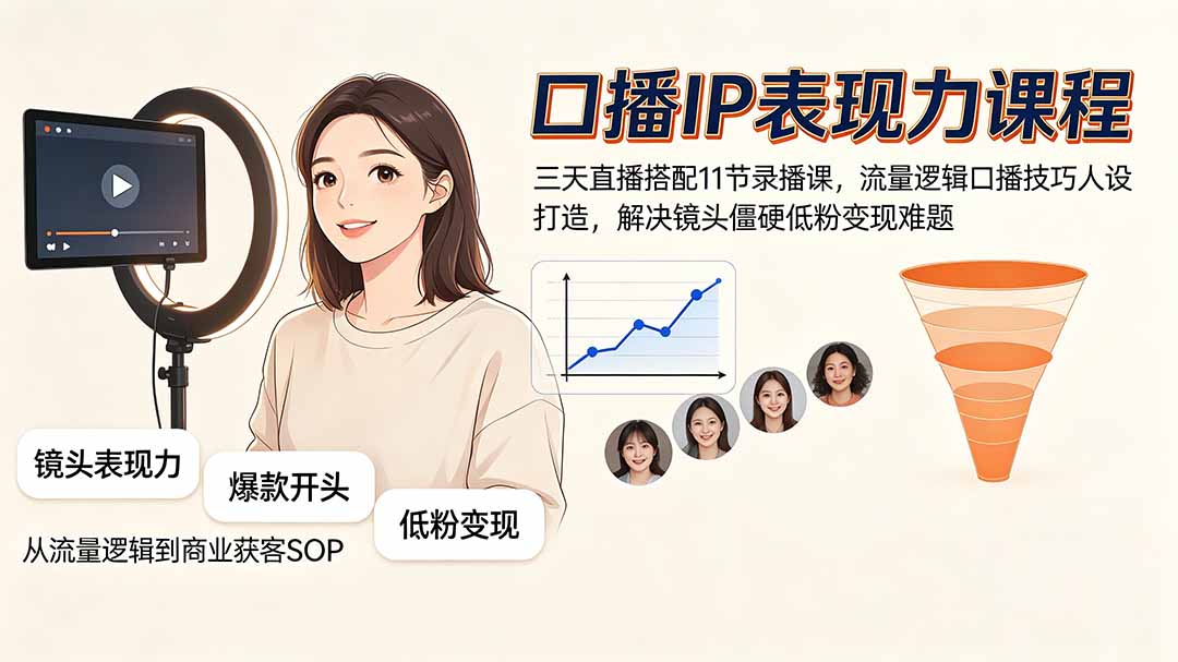 口播IP表现力课程｜三天直播搭配11节录播课，流量逻辑口播技巧人设打造，解决镜头僵硬低粉变现难题-副业终点站