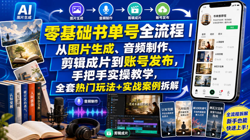 零基础书单号全流程｜从图片生成、音频制作、剪辑成片到账号发布，手把手实操教学，全套热门玩法+实战案例拆解-副业终点站