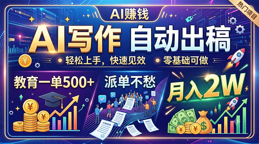AI写作自动出稿,教育一单500+,派单不愁,月入2W-副业终点站