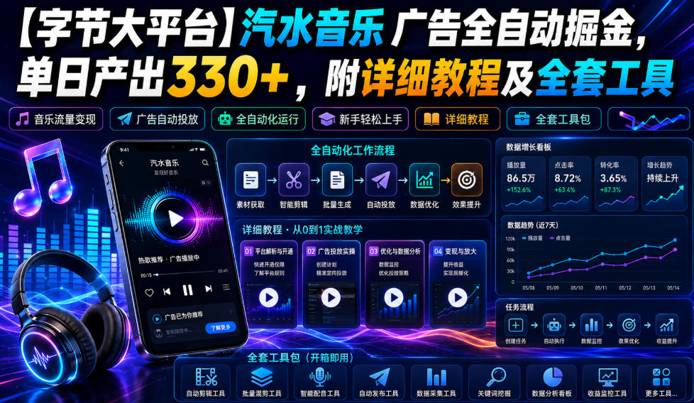 【字节大平台】汽水音乐广告全自动掘金,单日产出330+,附详细教程及全套工具【揭秘】-副业终点站