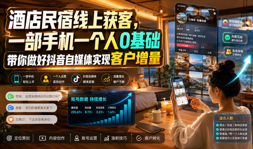 酒店民宿线上获客，一部手机一个人0基础带你做好抖音自媒体实现客户增量-副业终点站