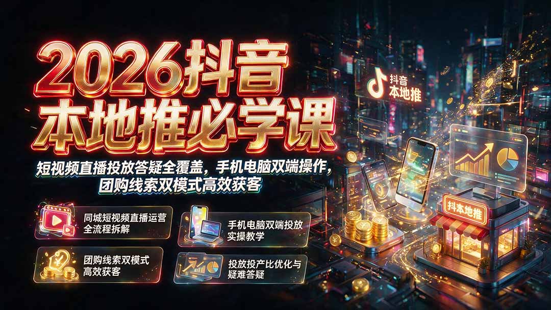 2026抖音本地推必学课｜短视频直播投放答疑全覆盖，手机电脑双端操作，团购线索双模式高效获客-副业终点站