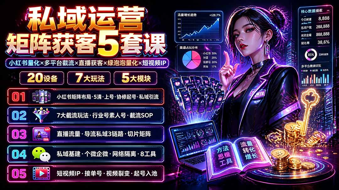 私域运营矩阵获客5套课:小红书量化×多平台截流×直播获客×绿泡泡量化×短视频IP×20设备×7大玩法-副业终点站