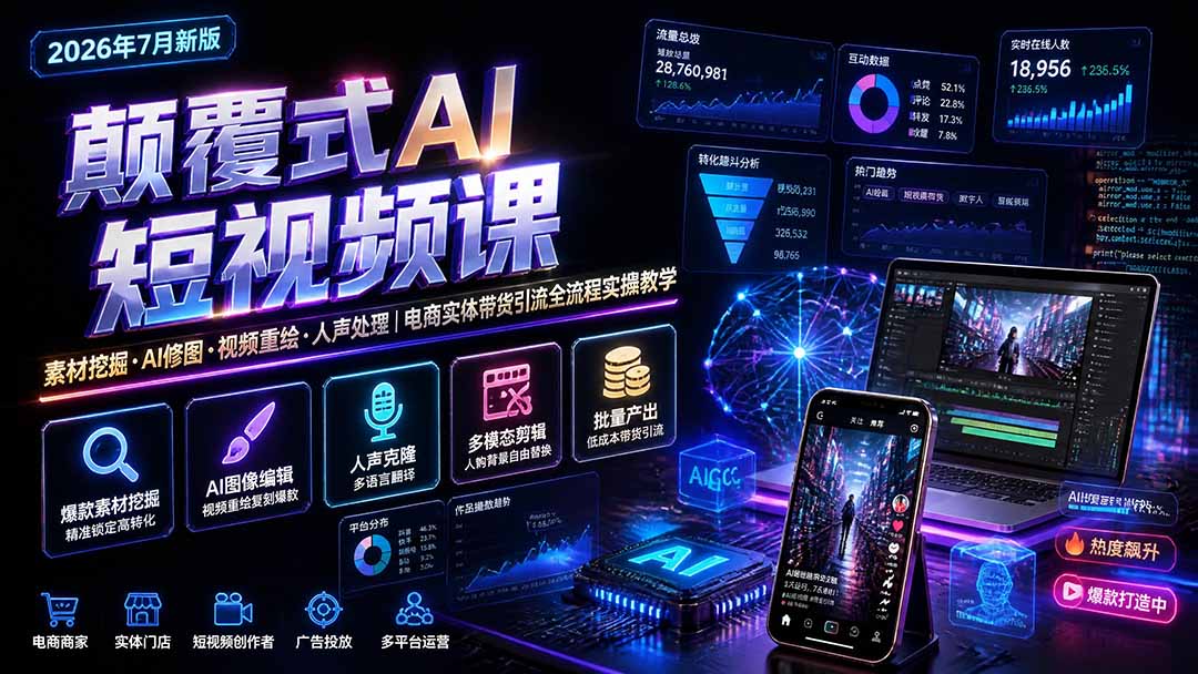 颠覆式AI短视频课|素材挖掘,AI修图,视频重绘,人声处理|电商实体带货引流全流程实操教学-副业终点站