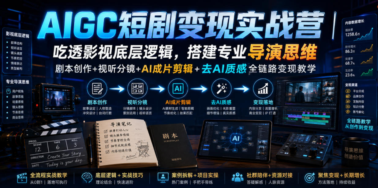 AIGC短剧变现实战营|吃透影视底层逻辑,搭建专业导演思维,剧本创作+视听分镜+AI成片剪辑+去AI质感全链路变现教学-副业终点站