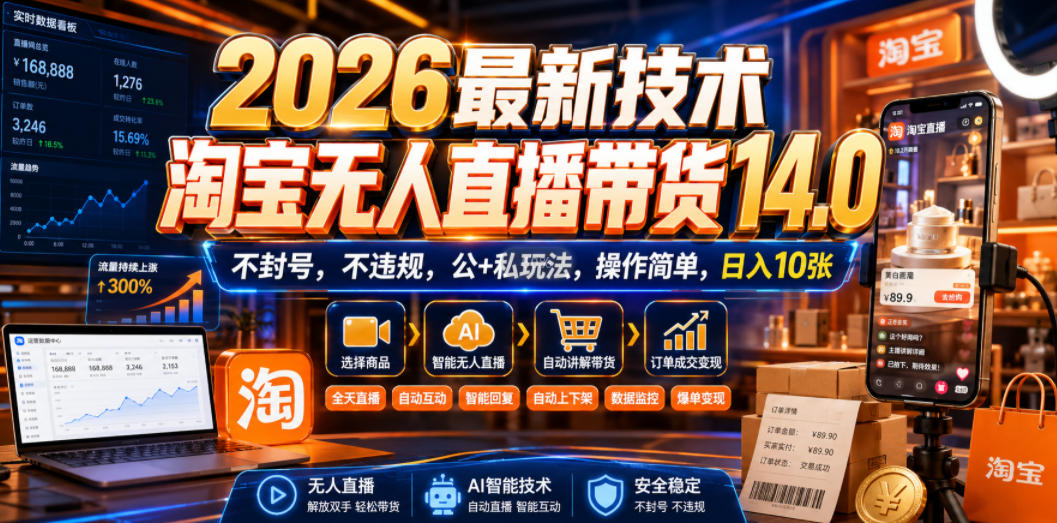 2026最新技术，淘宝无人直播带货14.0，不封号，不违规，公+私玩法，操作简单，日入10张【揭秘】-副业终点站