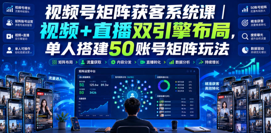 视频号矩阵获客系统课｜视频+直播双引擎布局，单人搭建50账号矩阵玩法，流量入池、搜索占位、全域引流沉淀私域全流程教学-副业终点站
