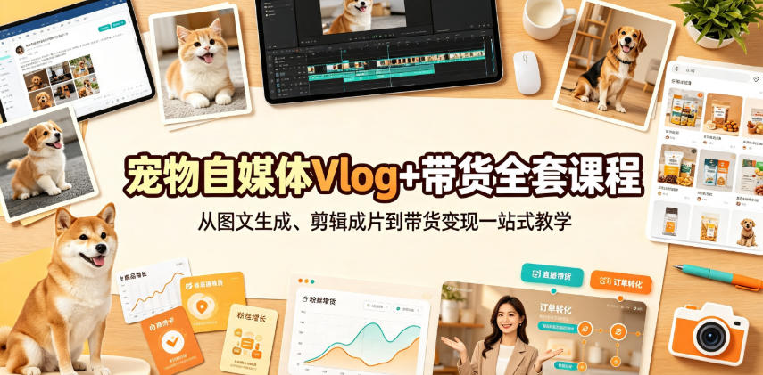 宠物自媒体Vlog+带货全套课程｜从图文生成、剪辑成片到带货变现一站式教学-副业终点站