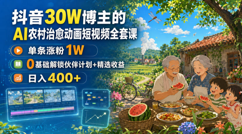 抖音30W博主的AI农村治愈动画短视频全套课｜单条涨粉1W，0基础解锁伙伴计划+精选收益，日入400+-副业终点站