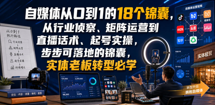 自媒体从0到1的18个锦囊，从行业侦察、矩阵运营到直播话术、起号实操，步步可落地的锦囊，实体老板转型必学-副业终点站