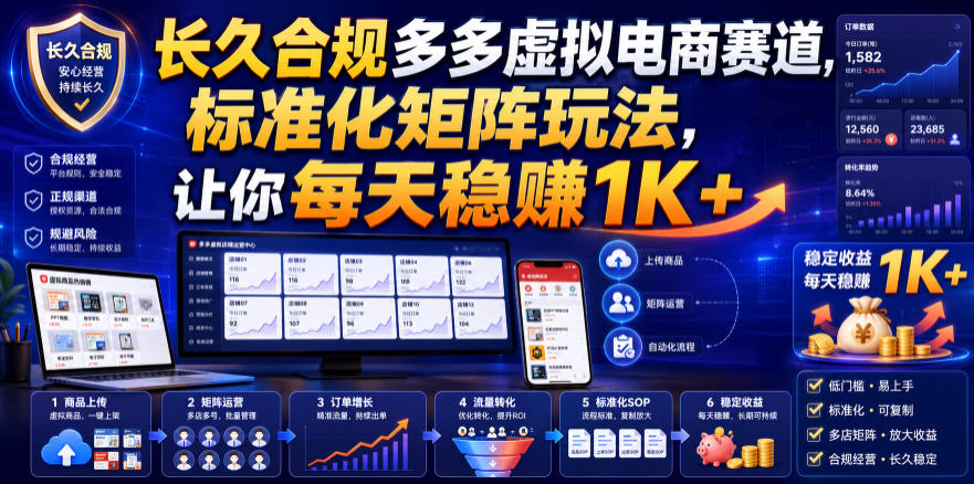 长久合规多多虚拟电商赛道，标准化矩阵玩法，让你每天稳賺1K+【揭秘】-副业终点站