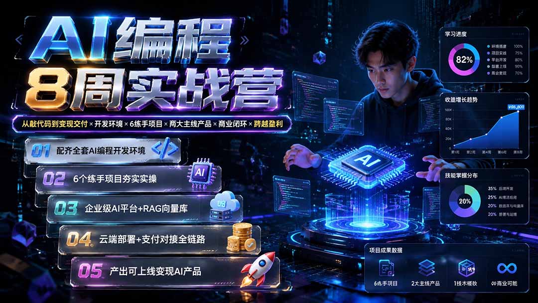 AI编程8周实战营:从敲代码到变现交付×开发环境×6练手项目×两大主线产品×商业闭环×跨越盈利-副业终点站