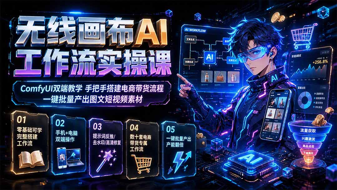无线画布AI工作流实操课｜ComfyUI双端教学，手把手搭建电商带货流程，一键批量产出图文短视频素材-副业终点站