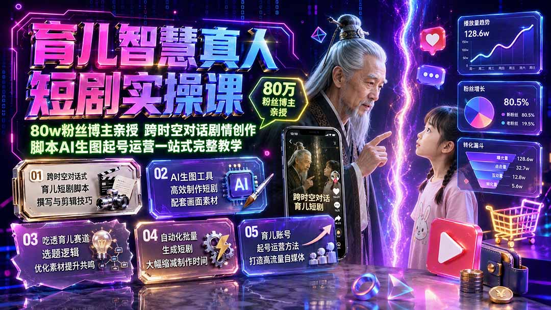 育儿智慧真人短剧实操课|80w粉丝博主亲授,跨时空对话剧情创作,脚本AI生图起号运营一站式完整教学-副业终点站