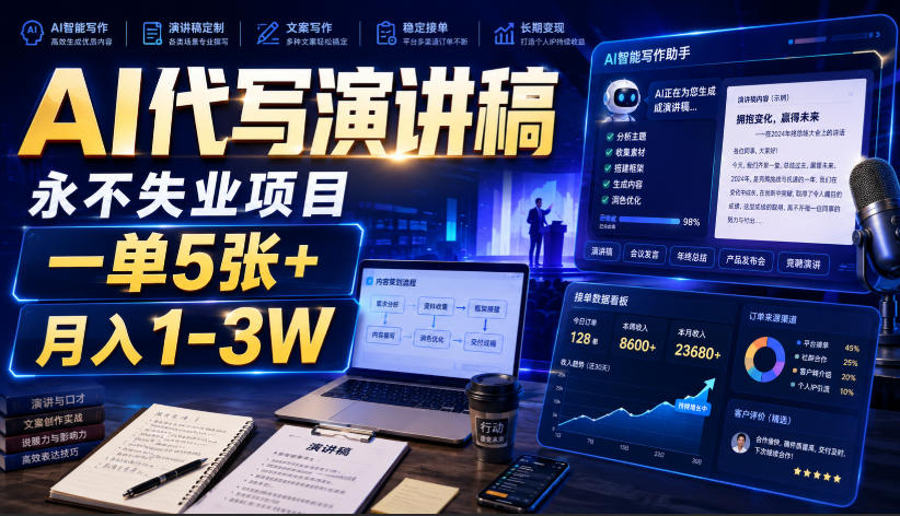 AI代写演讲稿,永不失业项目,一单5张+,月入1-3W【揭秘】-副业终点站