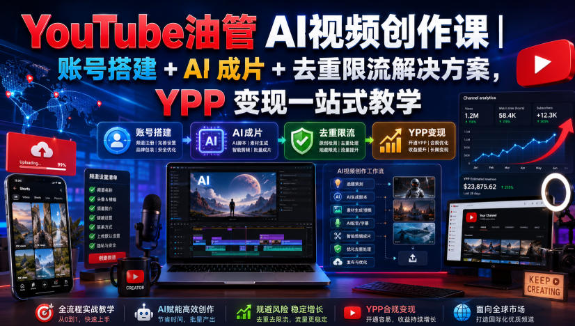 YouTube油管AI视频创作课|账号搭建+AI成片+去重限流解决方案,YPP变现一站式教学-副业终点站