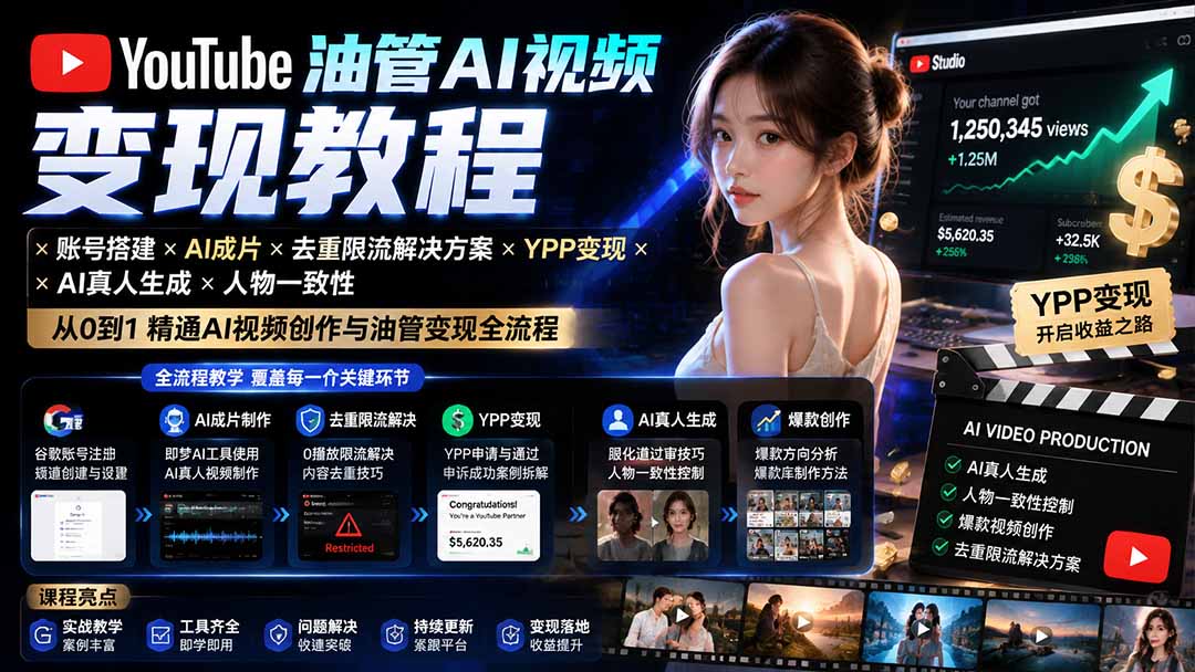 YouTube油管AI视频变现教程:账号搭建×AI成片×去重限流解决方案×YPP变现×AI真人生成×人物一致性-副业终点站